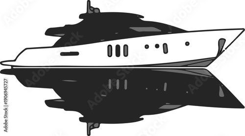 Monochrome illustration of a modern yacht with a distinct hull and superstructure