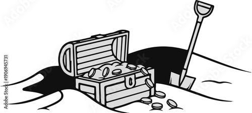 Open treasure chest overflowing with coins, spade stuck in sandy ground