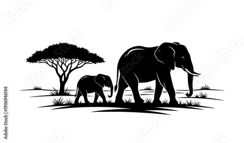 Minimal elephant and calf savanna silhouette vector with acacia tree and wildlife scene