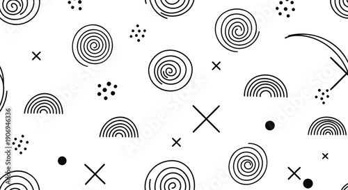 Memphis style geometric pattern with black concentric circles, half circles, dots, and X's on white background, seamless texture for website background or social media graphic