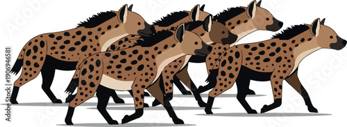 Illustration of a pack of wild dogs running together in a coordinated manner from a side viewpoint
