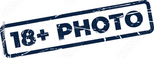 Distressed rubber stamp showing an 18 plus photo indicator for age restricted photographic content