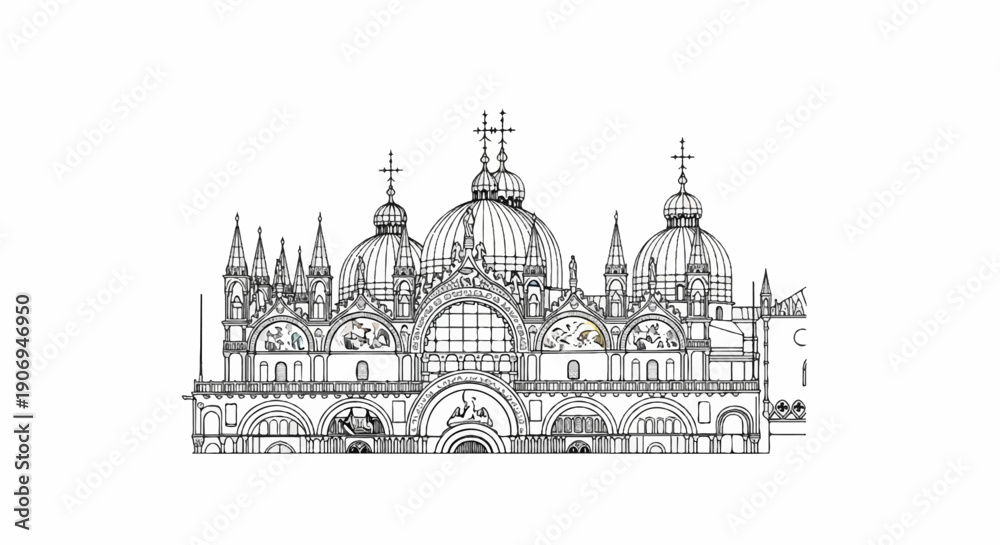 Obraz premium Ornate cathedral with multiple domes and spires in a detailed line drawing