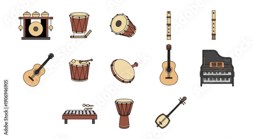 Musical instruments collection flat design isolated on black