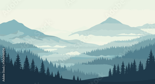Misty mountain range with layered evergreen forest and pale sky