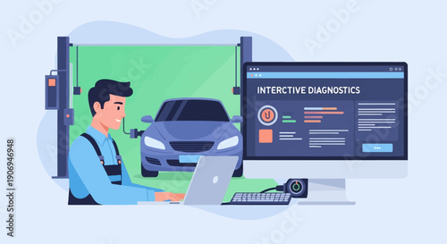 Mechanic analyzing car diagnostics on computer screen in workshop