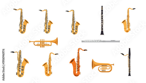 Musical instruments collection saxophones trumpets and clarinet silhouettes