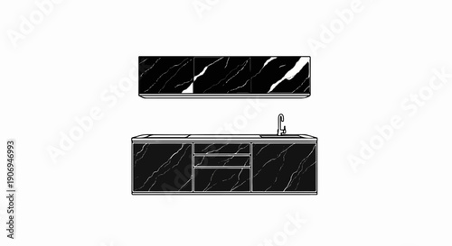 Modern black marble kitchen cabinets with integrated sink and faucet