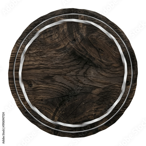 Aged dark wood circle texture background with metallic silver rings, perfect template for premium rustic design