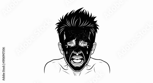 Man with black face paint crying and screaming with wide open mouth