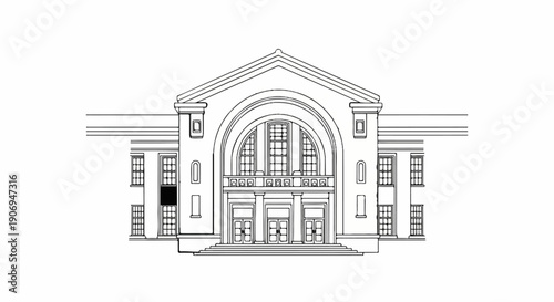 Ornate building facade with a grand arched window and multiple doors