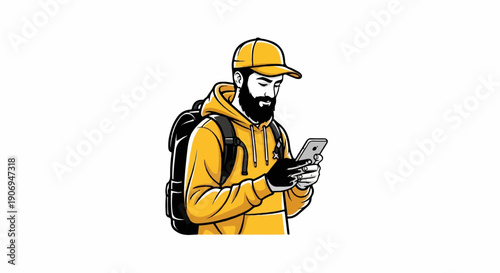Man with backpack and phone, wearing yellow hoodie and cap