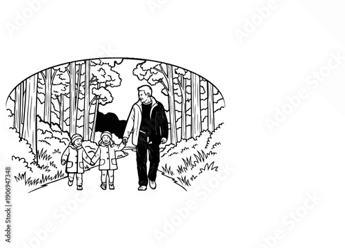 Man walking with two children in a forest clearing