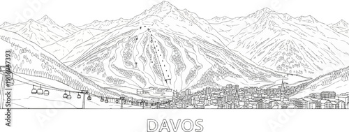 Mountain resort town with ski lifts and slopes in a line drawing