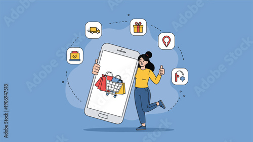 Enthusiastic woman standing next to a giant smartphone showing a shopping cart and various e-commerce icons in a circle.