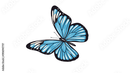 Profile view of a beautiful blue butterfly with detailed black wing borders and white spots in a graceful flying pose.