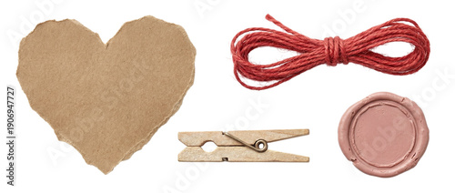 Fotografie Kraft paper heart, red twine, wooden clothespin and blush wax seal, romantic packaging and stationery set on a transparent background
