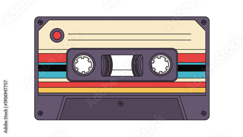 Vintage analog cassette tape with colorful stripes and retro design elements representing eighties music and culture.
