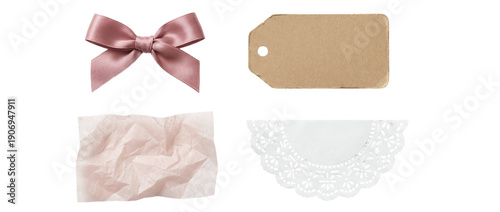 Obraz na płótnie Pink satin ribbon bow, kraft gift tag, soft pink tissue paper and lace paper doily, elegant packaging and craft elements on a transparent background