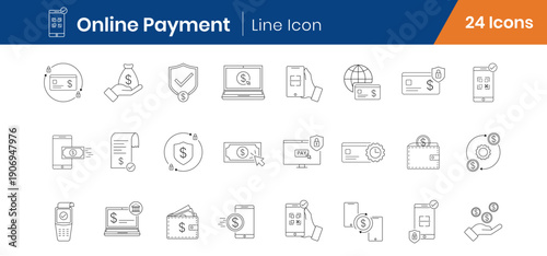 Online Payment outline icons set of 24. Digital wallet, mobile banking,qr code transaction linear vector editable stroke icons
