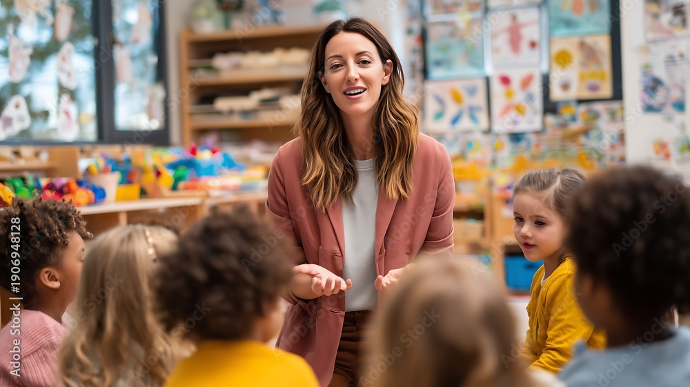 Obraz premium Teacher Engaging with Diverse Group of Children in a Vibrant Classroom Setting from a Slightly Elevated Viewpoint