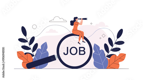 Woman sitting on a giant magnifying glass looking through a telescope towards the word job amidst decorative leaves.