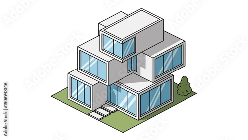 Isometric Illustration of Modern Modular Cube Home Architecture on Green Lawn