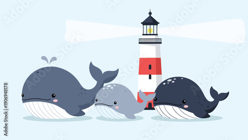 Cute family of three blue whales swimming in the ocean near a red and white striped lighthouse under a blue sky.