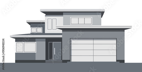 Modern Two Story Suburban House Facade with Attached Garage Minimalist Architectural Elevation