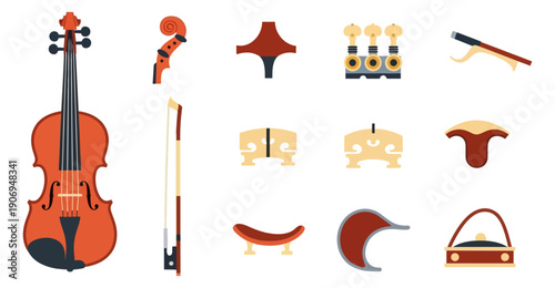 Violin and components illustration on black background