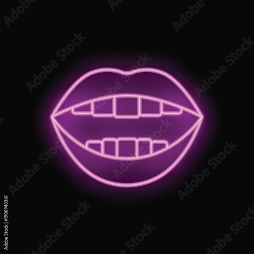 Bright neon sign depicting open mouth with teeth showing on black background