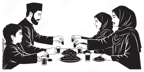 Muslim family enjoying iftar meal together during Ramadan on White background,Family iftar together vector icon black silhouette white background ,black,pro