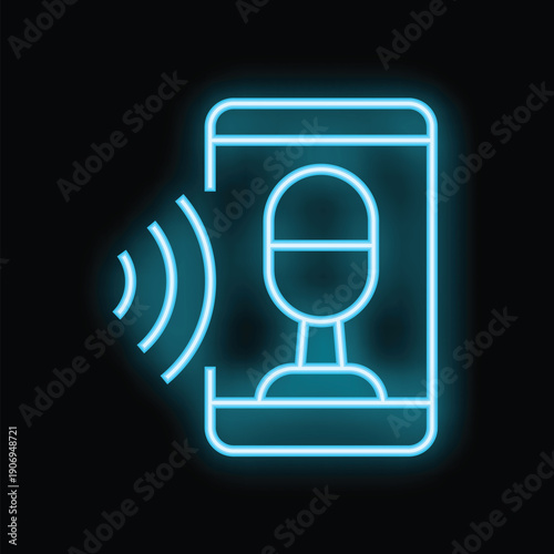 Neon icon of a smartphone showing the bust of a person speaking, with sound waves coming out of it