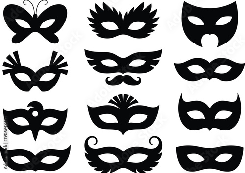 Masquerade Mask Silhouettes Collection Featuring Carnival Venetian and Decorative Party Masks Isolated on White Background Festive Costume Design Set
