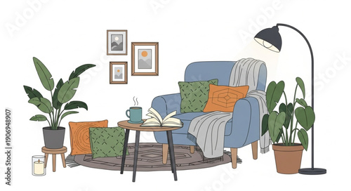 Cozy armchair with pillows and plants in a room.