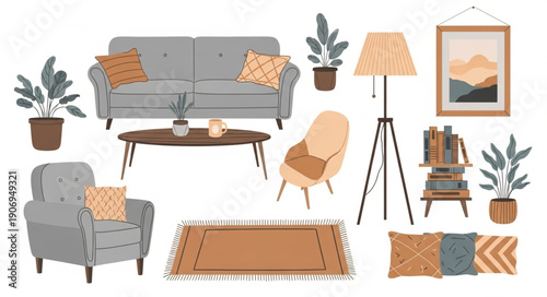 Cozy Living Room Furniture and Decor Elements Collection.