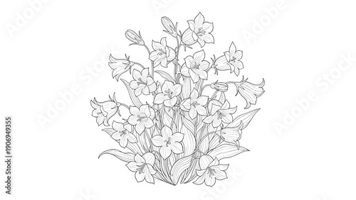 Elegant black and white sketch of a bouquet of bell flowers with intricate details and fine lines on white background.