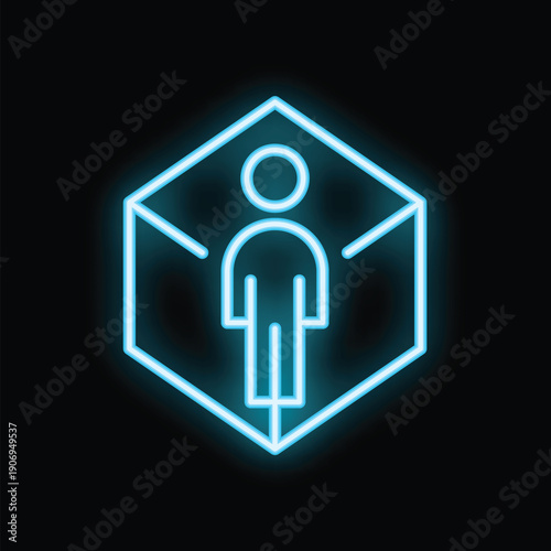Abstract neon sign of a stylized human figure standing inside a geometric cube, representing concepts of confinement, isolation, and limitations