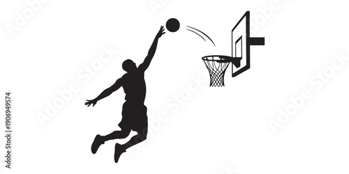 Black silhouette collection of basketball players in action poses including dunking, shooting, and dribbling with hoops and orange ball vectors. isolated white background, clean vector style, high 