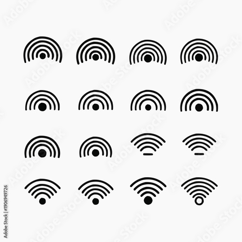 Versatile collection of minimalist vector signal icons, depicting varied wireless connectivity indicators for modern technology and digital communication interfaces