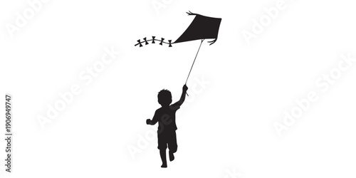 Happy children silhouette vector illustration, kids jumping, running, flying kite, skipping rope, holding balloons, riding scooter, outdoor fun and joyful childhood activity design