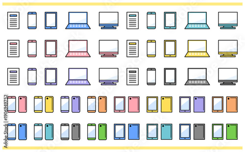 デバイスと書類のアイコンセット スマホ・タブレット・ノートPC・デスクトップPCのカラーバリエーション
