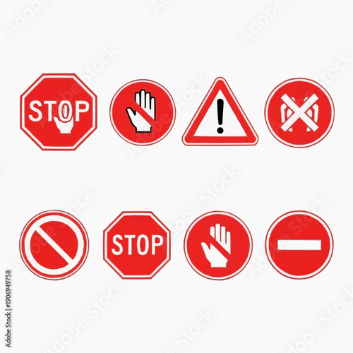 Vector illustration set showcasing a comprehensive collection of warning, prohibition, and stop signs for public safety and informational alerts