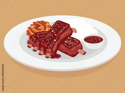 spicy gochujang glazed Korean BBQ ribs served on a white plate with white rice, kimchi, and dipping sauce