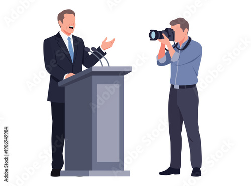 professional politician in a suit speaking at a podium while a male photographer takes photos with a DSLR camera