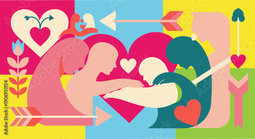 Loving couple embracing with hearts and flowers around them