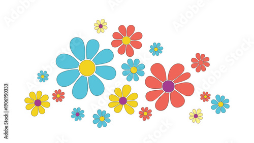 Vibrant assortment of colorful daisy flowers in blue, red, yellow, and purple scattered across a clean white background.