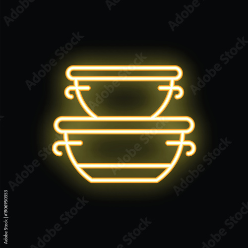 Neon sign of two stacked soup bowls glowing yellow on a black background