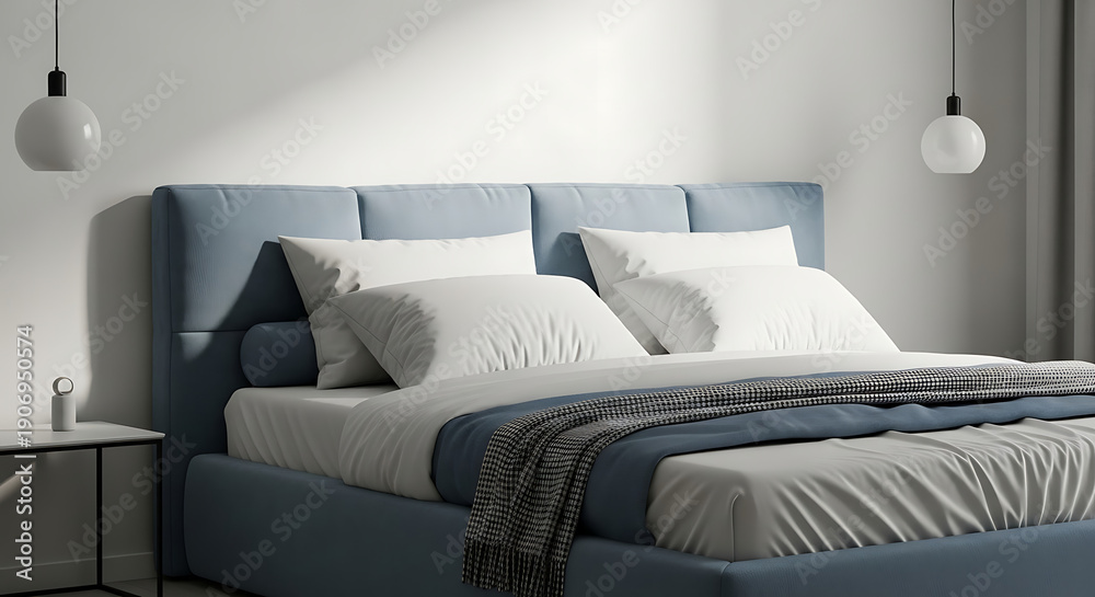 Obraz premium Modern light blue bed with white pillows and blanket in a minimalist bedroom setting