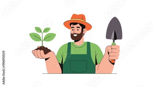 Friendly cartoon gardener wearing a hat and apron, holding a fresh green sprout and a metal hand trowel for planting.